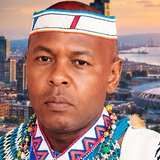 Nkosi Xhel'indlovu in a beaded collar and headband