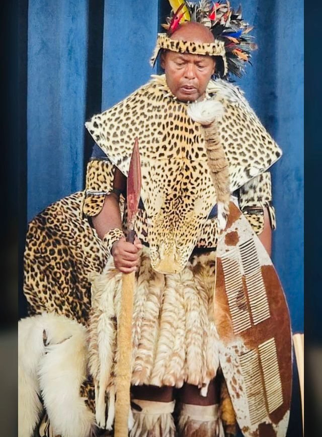 A man in leopard-skin cape, headband and feather plume holding a spear and a cow-hide shield, standing before a blue curtain