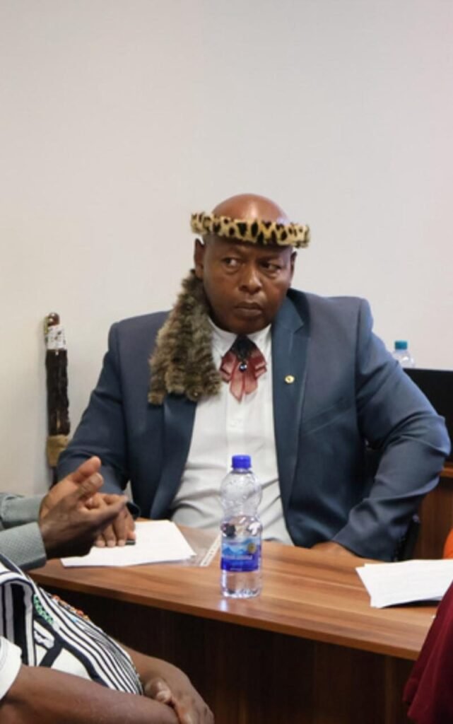 A man in a leopard-skin headband and grey suit seated at a meeting table