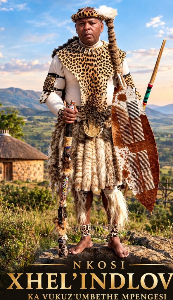 Nkosi Xhel'indlovu standing in leopard-skin regalia on a hilltop above a rural Eastern Cape valley